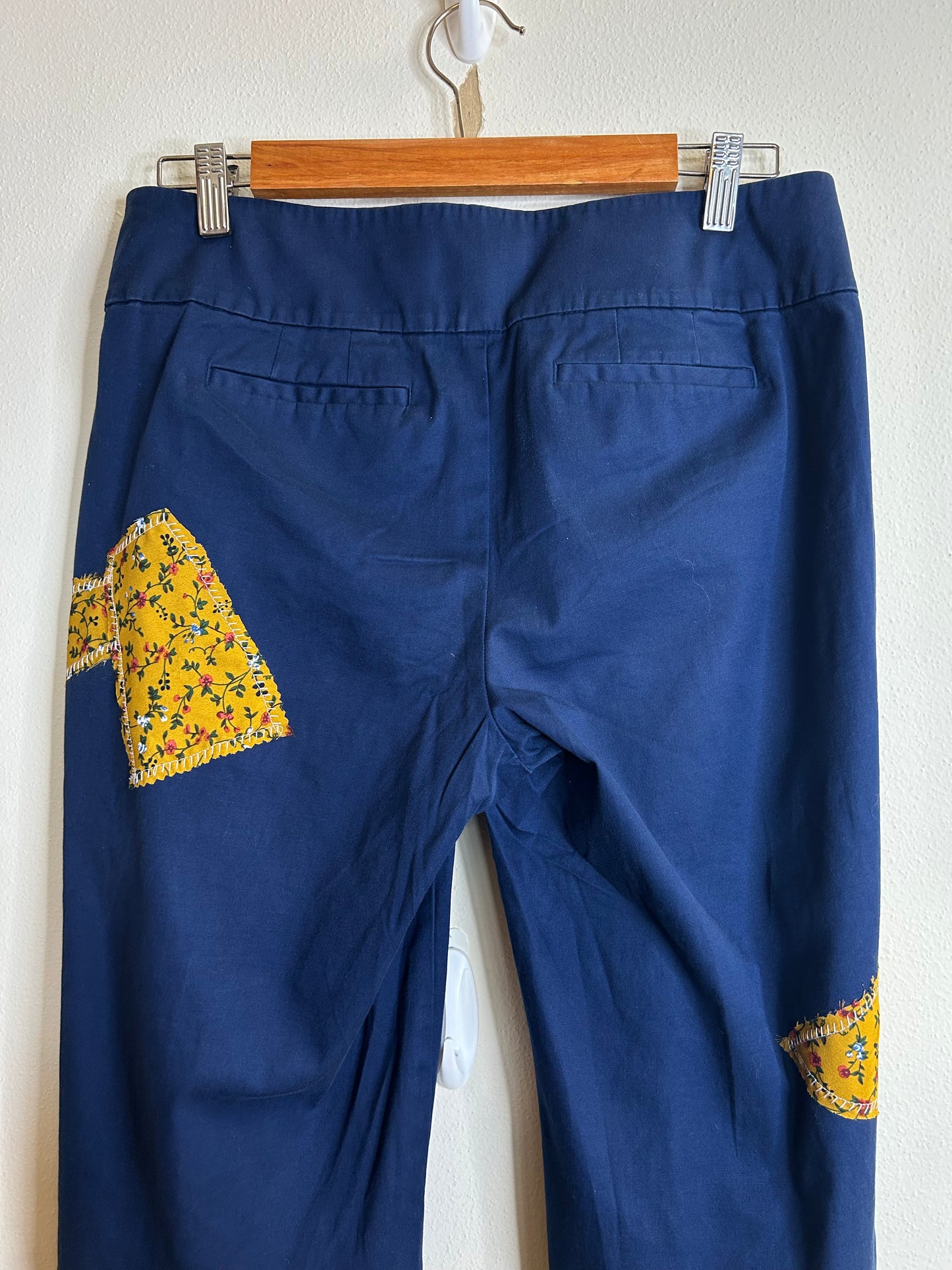 Upcycled flare pants size 8 navy and yellow