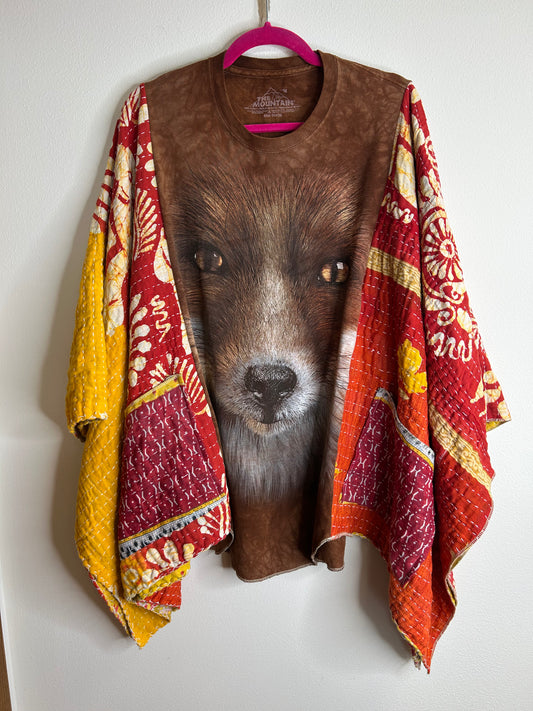 Fox upcycled kantha poncho