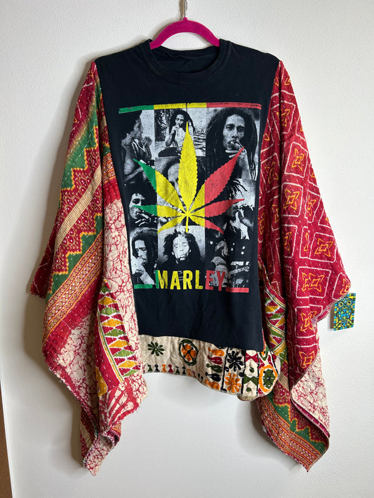 Bob Marley upcycled kantha poncho