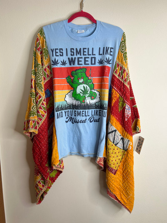 Care Bear grass upcycled kantha poncho