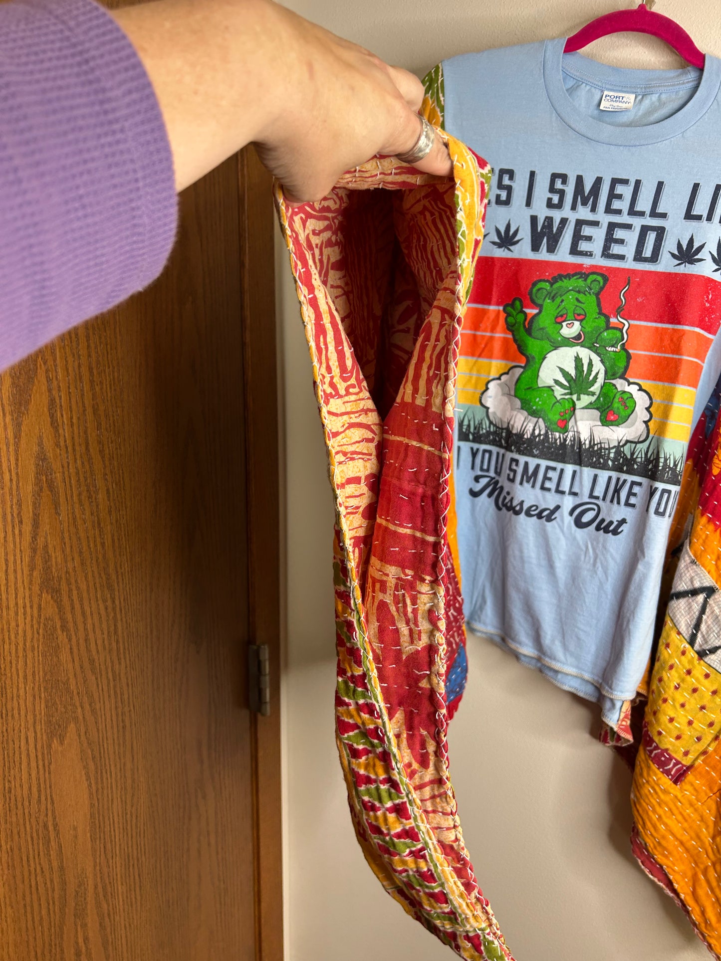 Care Bear grass upcycled kantha poncho