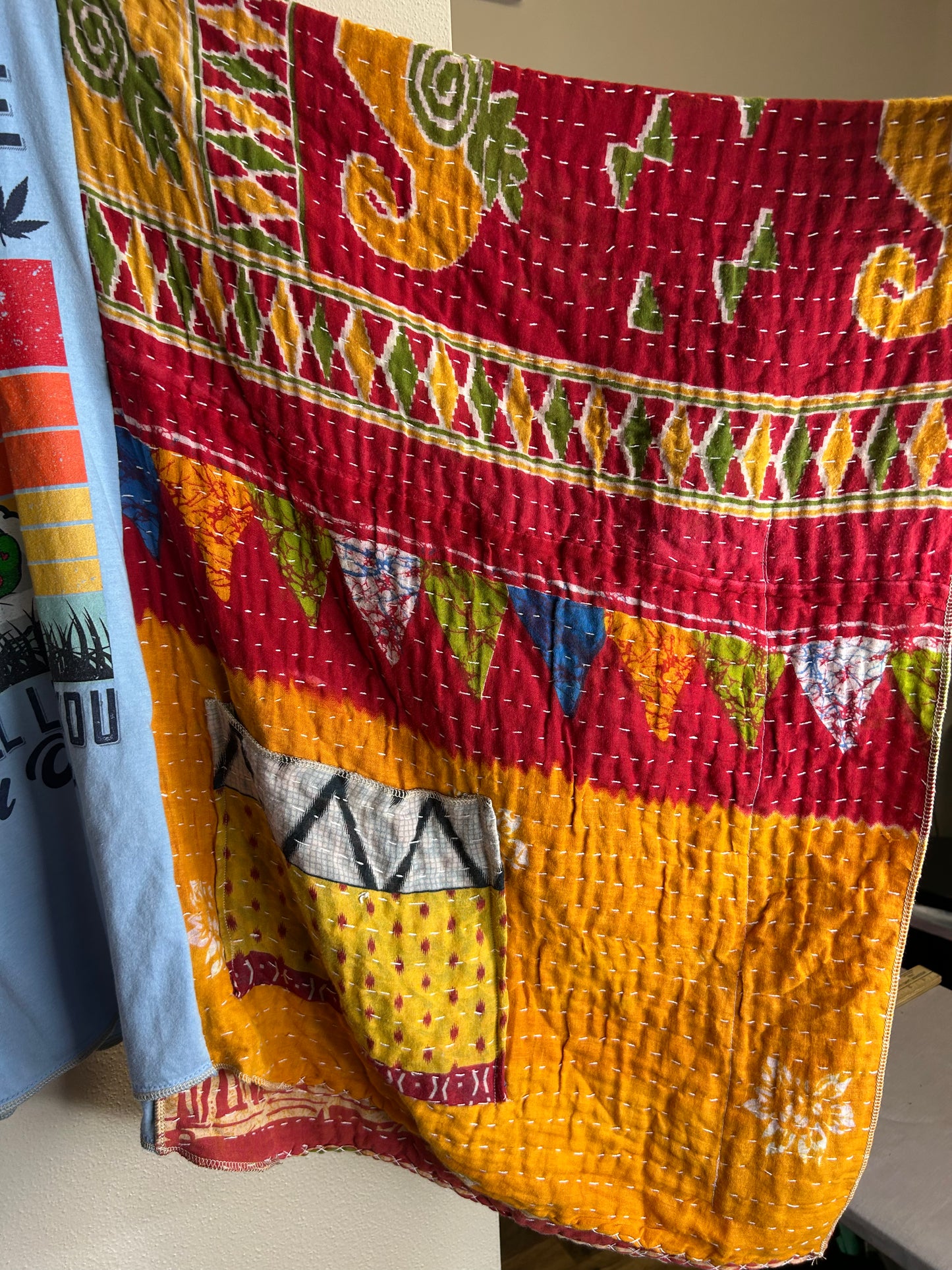 Care Bear grass upcycled kantha poncho