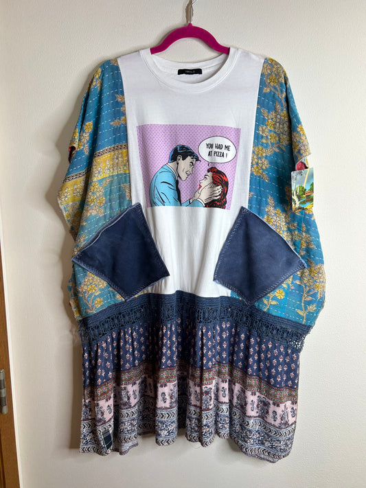 Pizza upcycled flowy kantha dress/long shirt