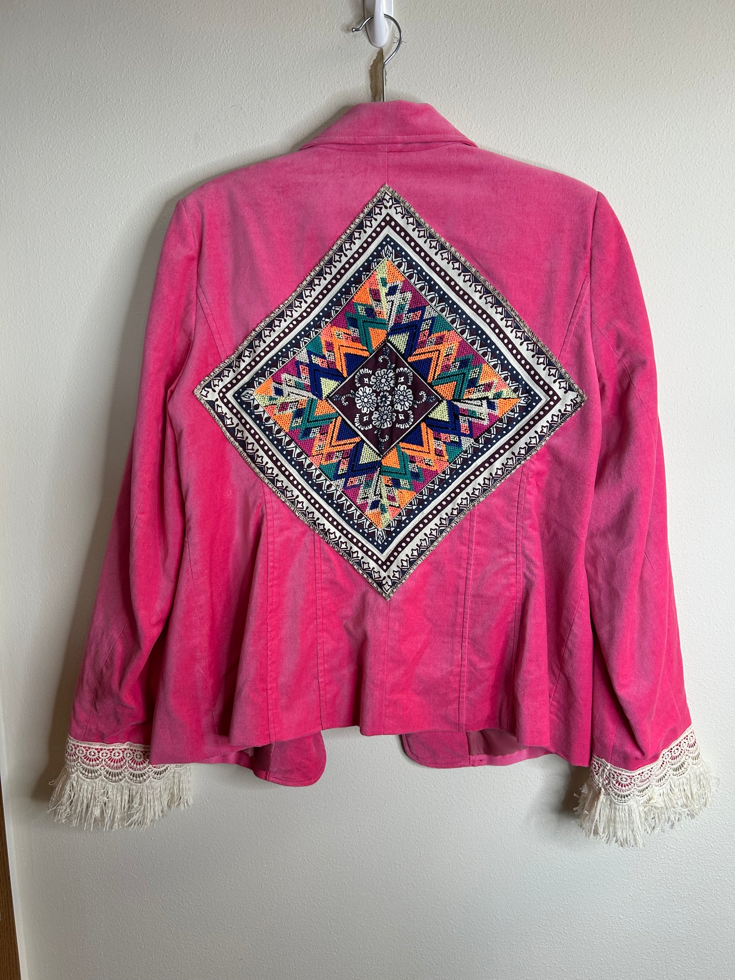 Bright pink upcycled velvet blazer jacket women’s size XL