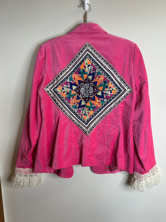 Bright pink upcycled velvet blazer jacket women’s size XL