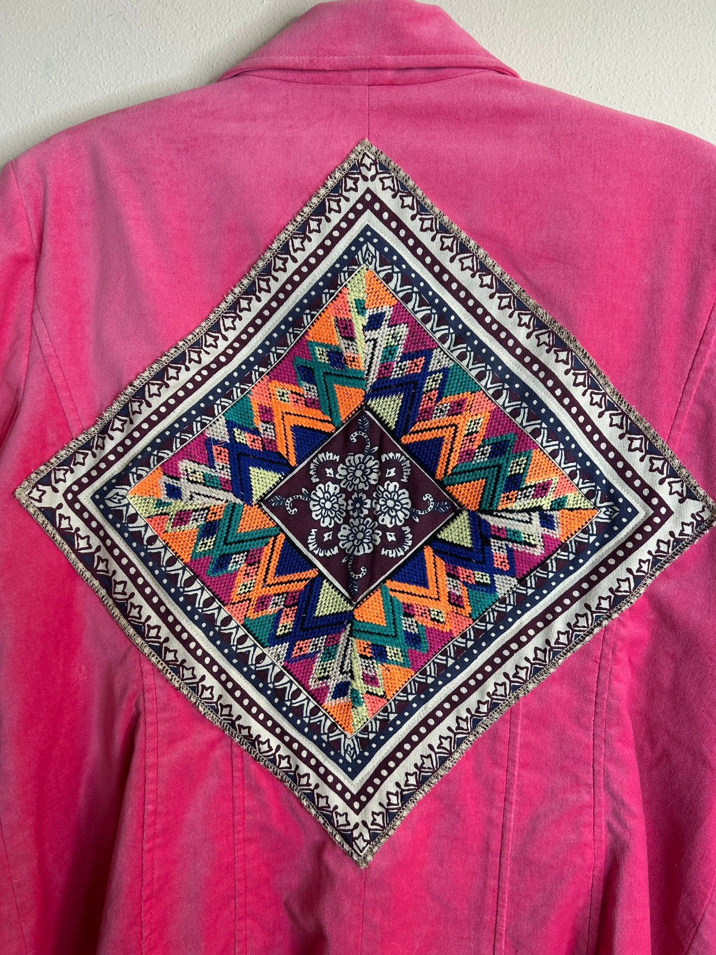 Bright pink upcycled velvet blazer jacket women’s size XL