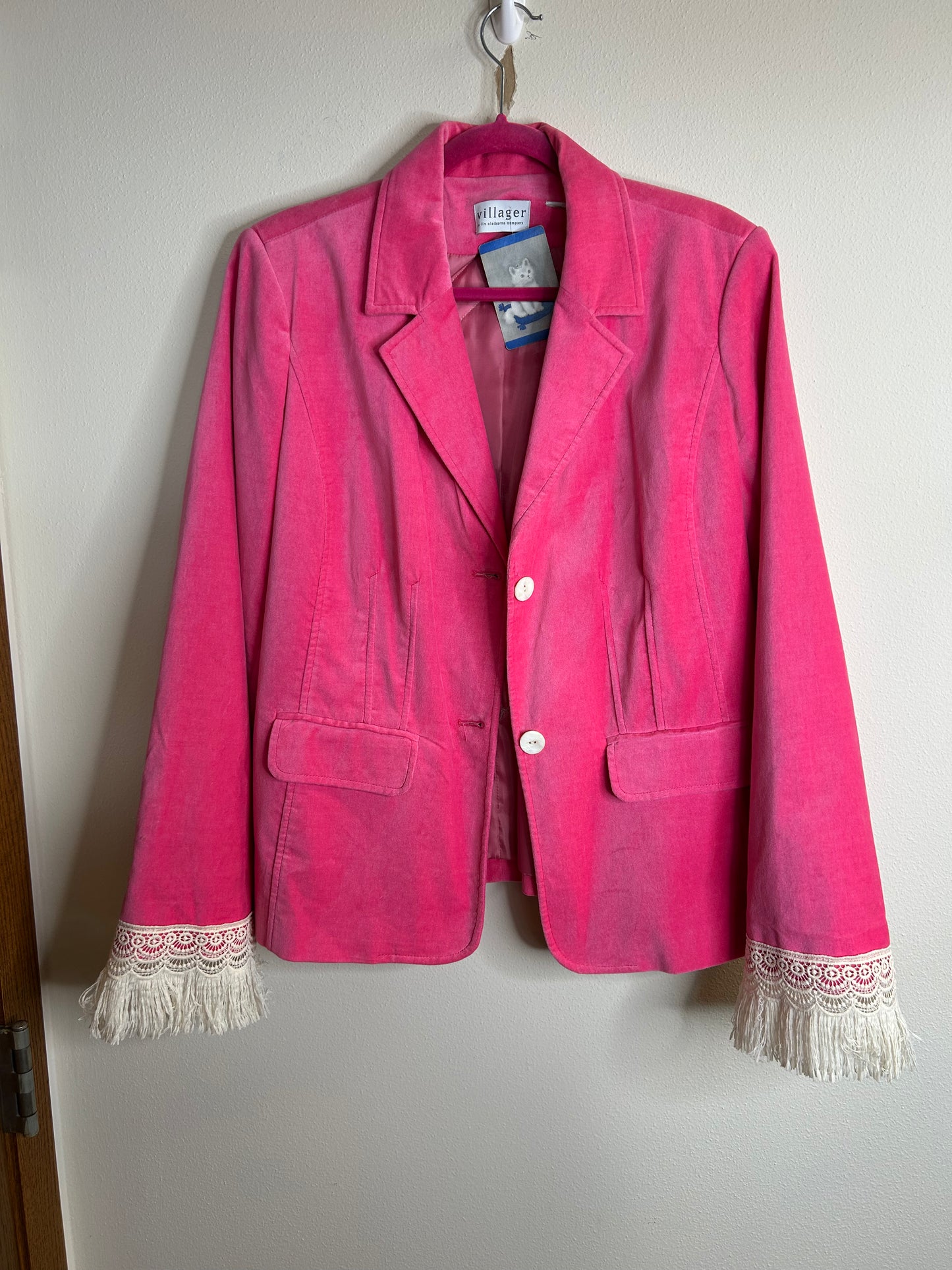Bright pink upcycled velvet blazer jacket women’s size XL