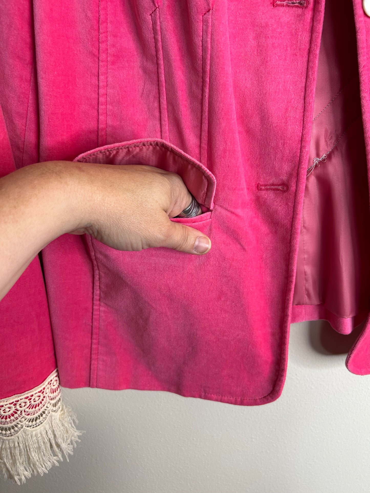 Bright pink upcycled velvet blazer jacket women’s size XL
