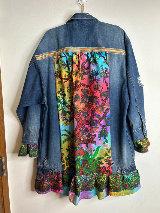 Long upcycled denim jacket tie dye tree womens size XL/2X