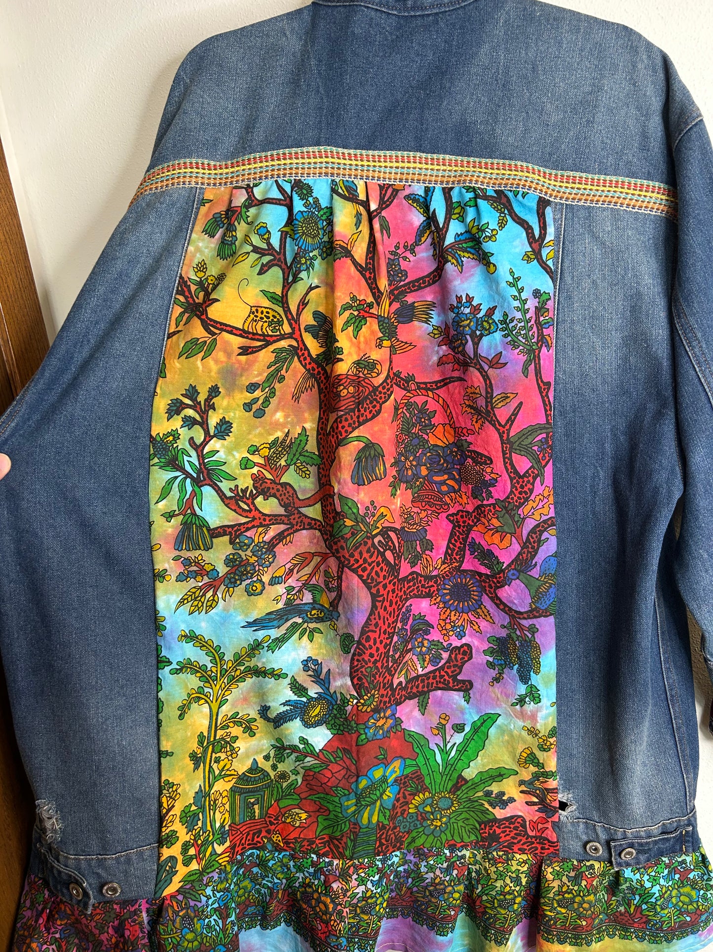 Long upcycled denim jacket tie dye tree womens size XL/2X