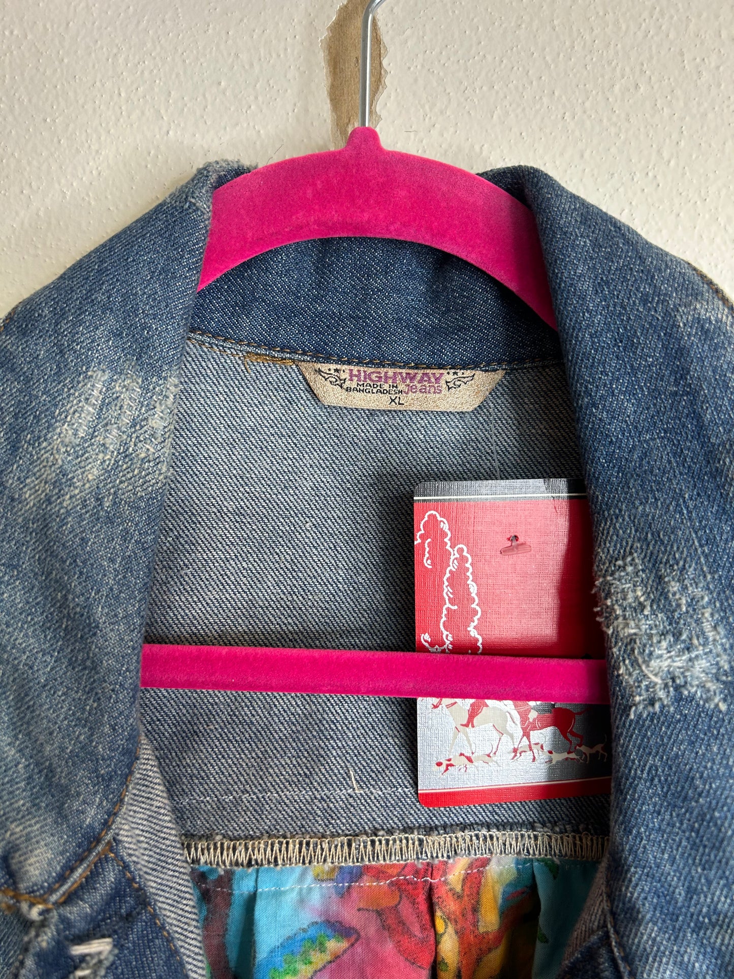 Long upcycled denim jacket tie dye tree womens size XL/2X