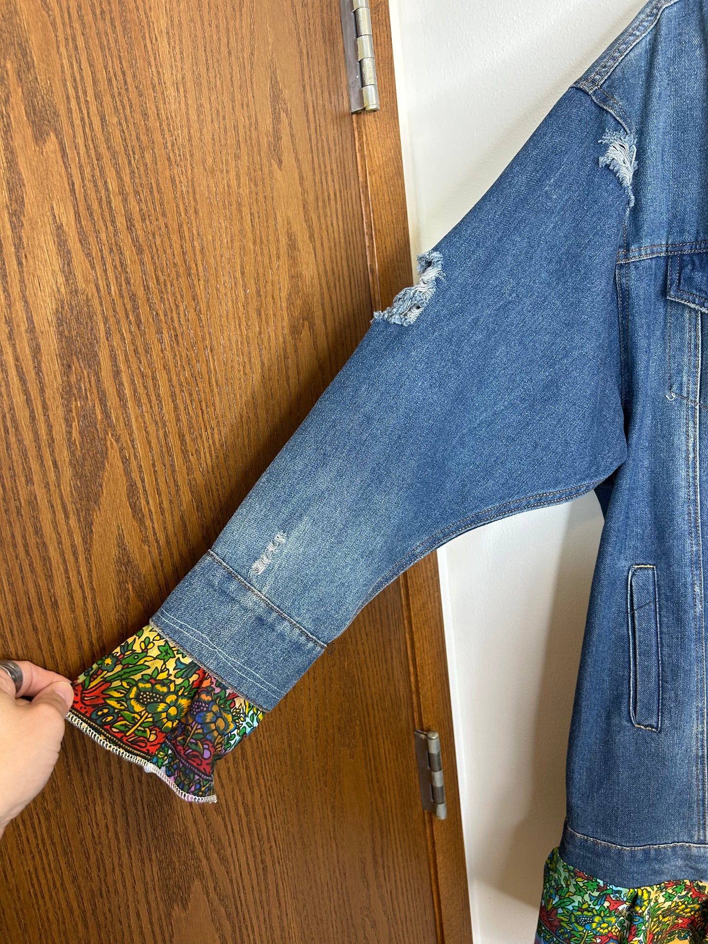 Long upcycled denim jacket tie dye tree womens size XL/2X