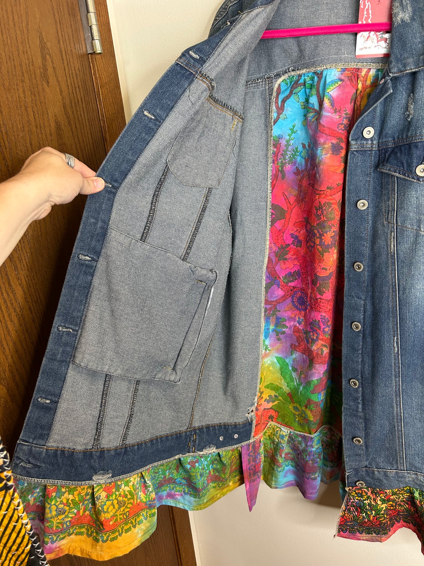 Long upcycled denim jacket tie dye tree womens size XL/2X