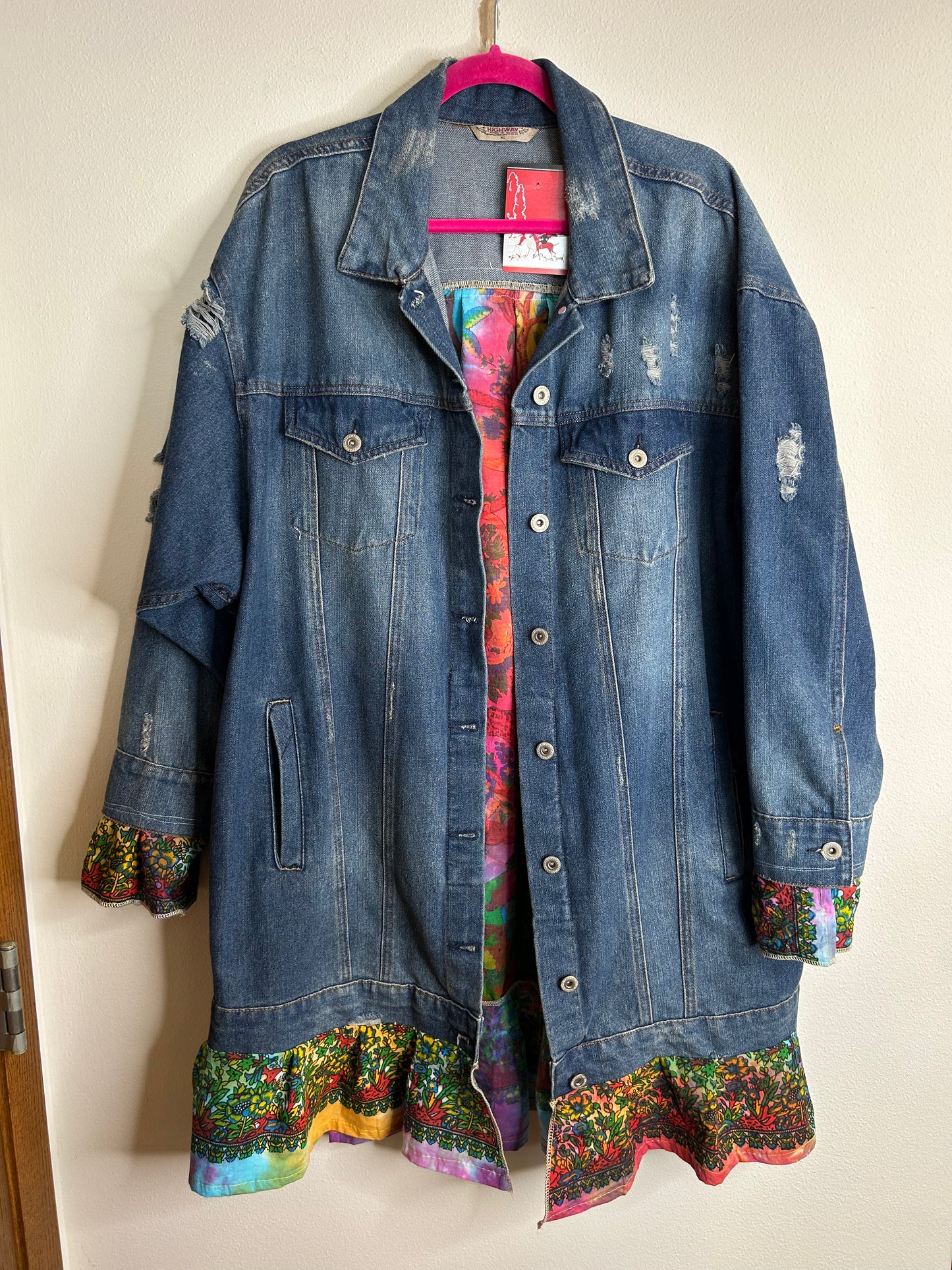 Long upcycled denim jacket tie dye tree womens size XL/2X