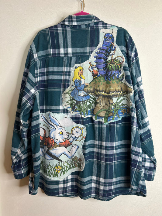 Alice in Wonderland upcycled flannel shirt size 4x