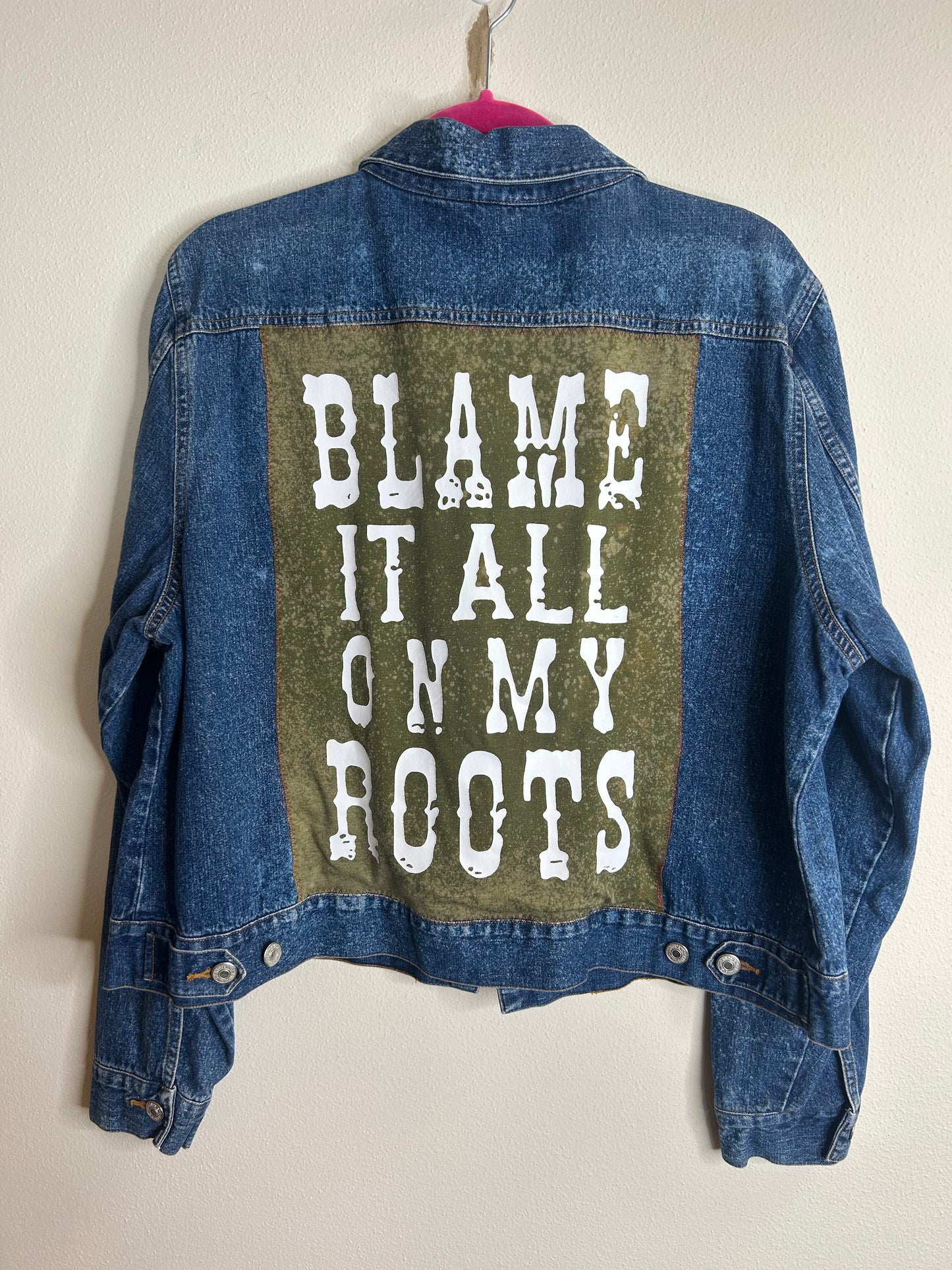 Blame It All On My Roots upcycled denim jacket womens XL