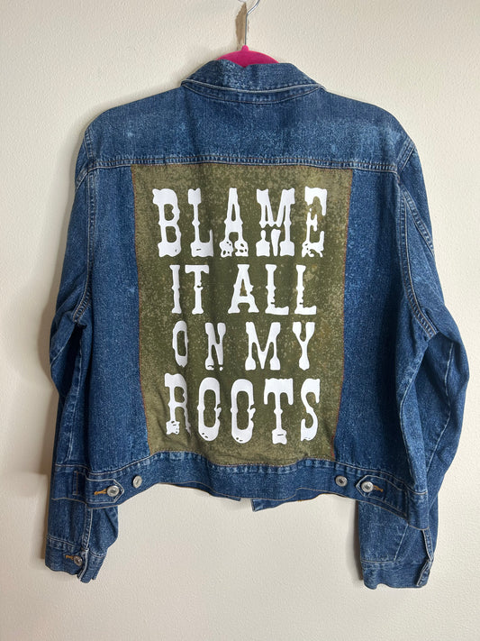 Blame It All On My Roots upcycled denim jacket womens XL