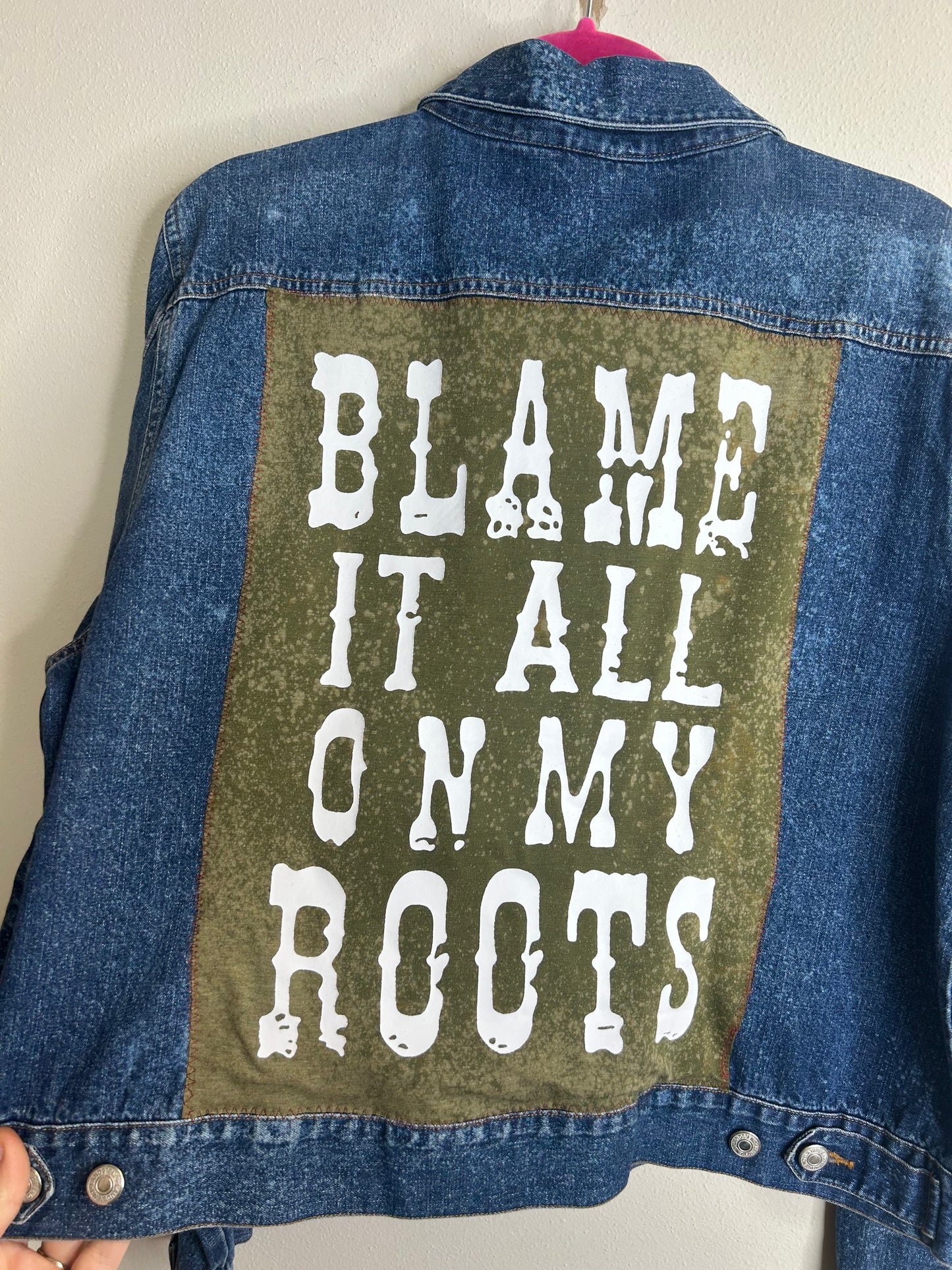Blame It All On My Roots upcycled denim jacket womens XL