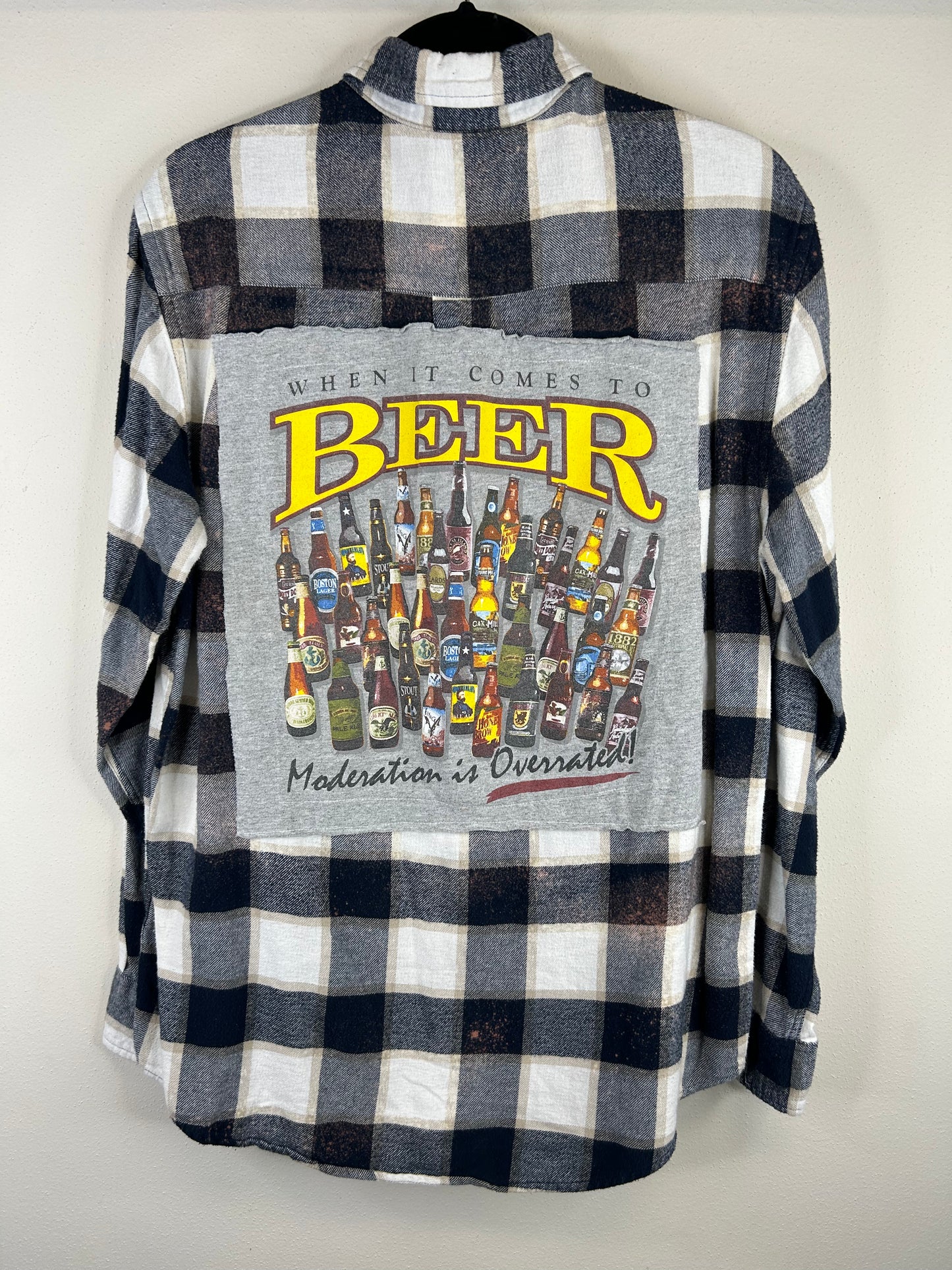 Beer upcycled flannel shirt size unisex M blue