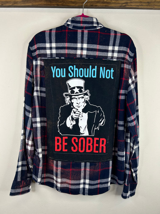 You Should Not Be Sober upcycled flannel shirt unisex size L blue