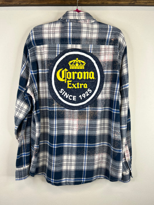 Corona upcycled flannel shirt unisex size XL blue