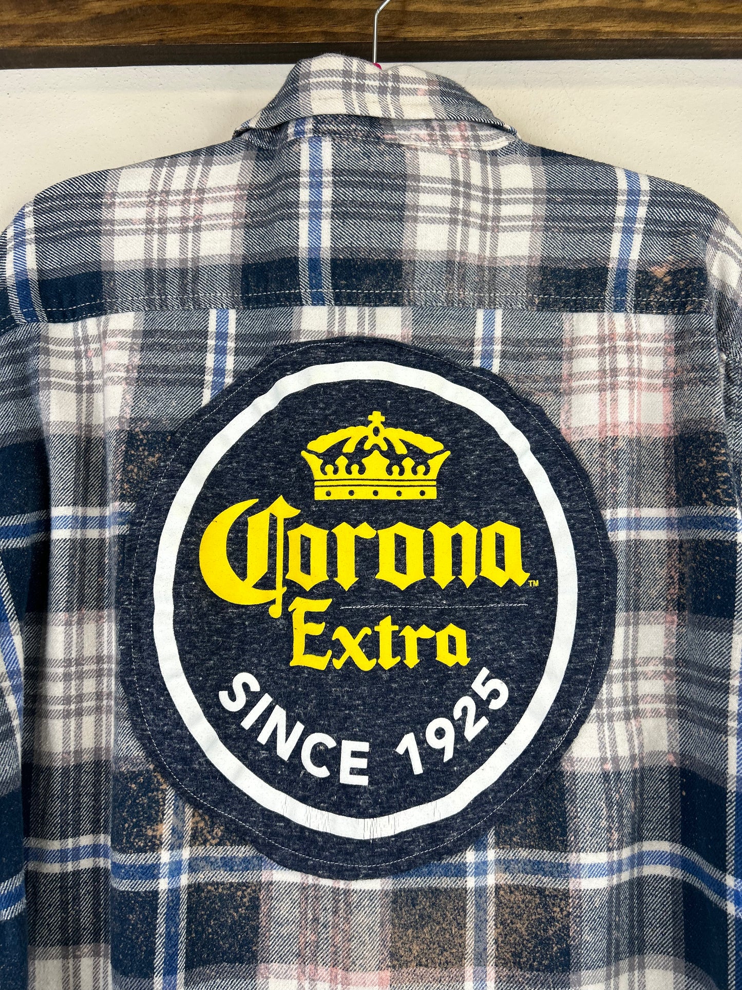 Corona upcycled flannel shirt unisex size XL blue