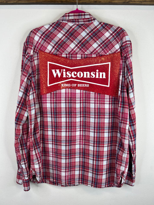 Wisconsin Beer upcycled flannel shirt unisex XL red