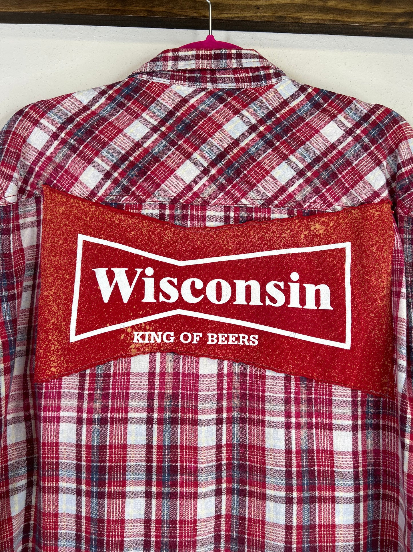 Wisconsin Beer upcycled flannel shirt unisex XL red
