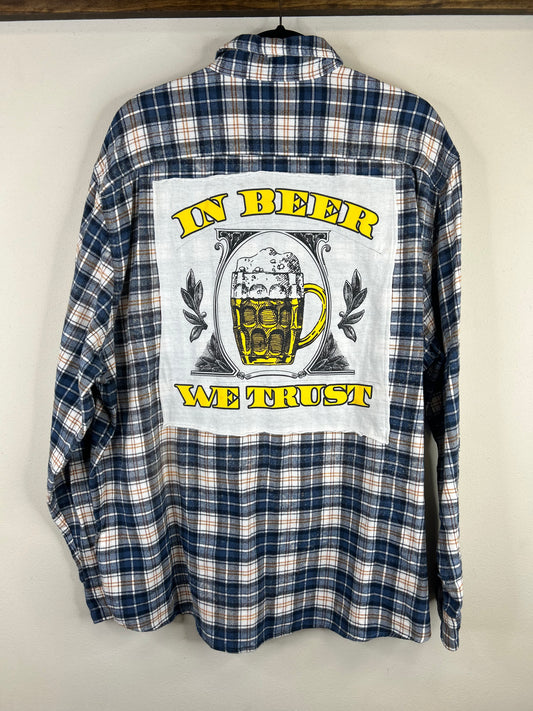 In Beer We Trust upcycled flannel shirt unisex size XXL blue